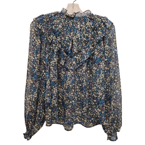 Boden V Yoke Flounce Sheer Floral Blouse Top Nebulas Blue Ruffle Size 4 - Picture 9 of 10